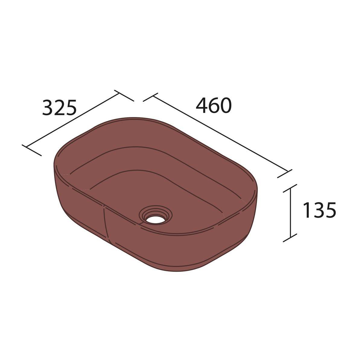 Isometrisches Diagramm eines ovalen braunen Spülbeckens mit den Abmessungen 460 mal 325 mal 135.