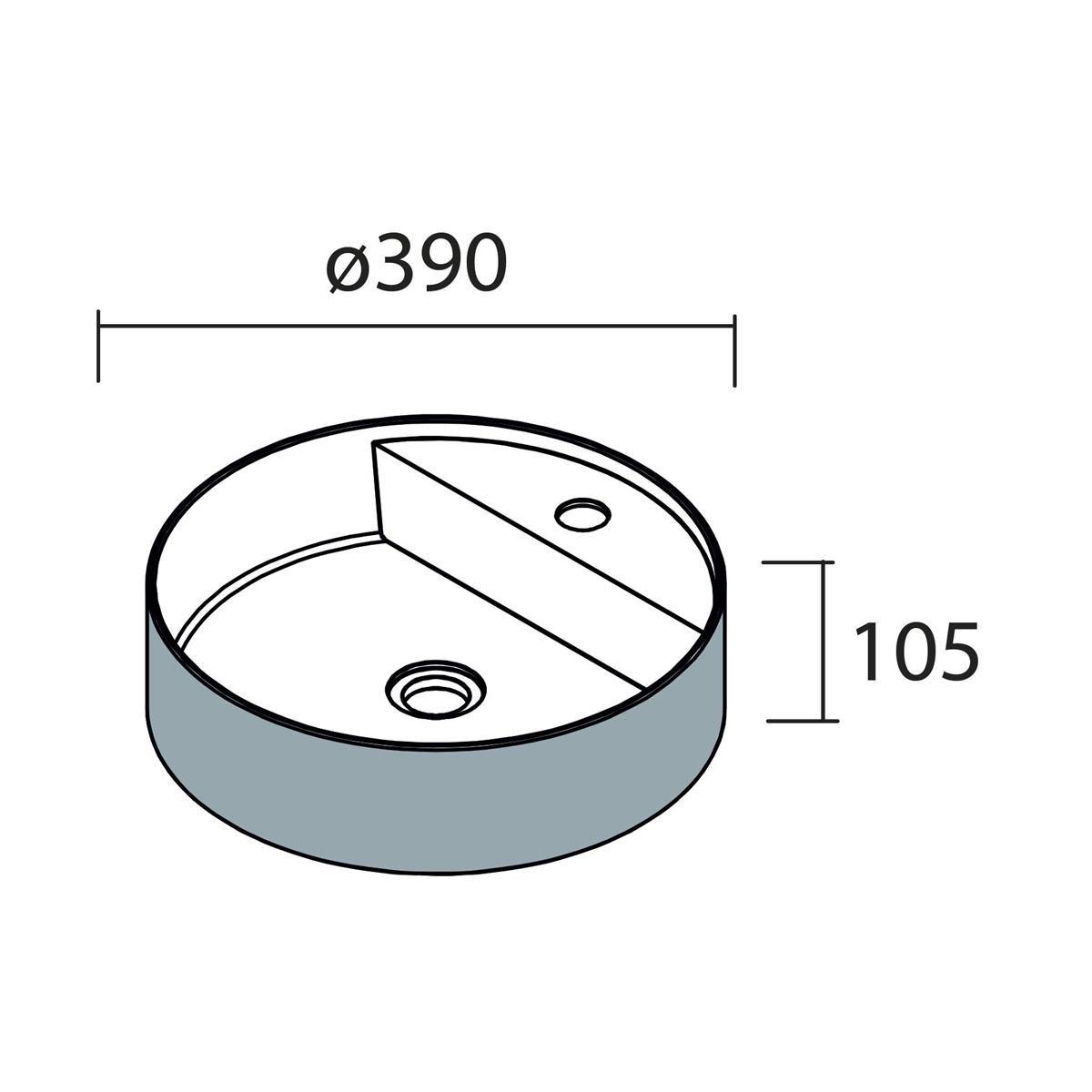 Technische Zeichnung eines runden Beckens oder einer Spüle mit einem Durchmesser von 390 mm und einer Höhe von 105 mm, mit zwei Abflussöffnungen und einer zentralen Trennwand.