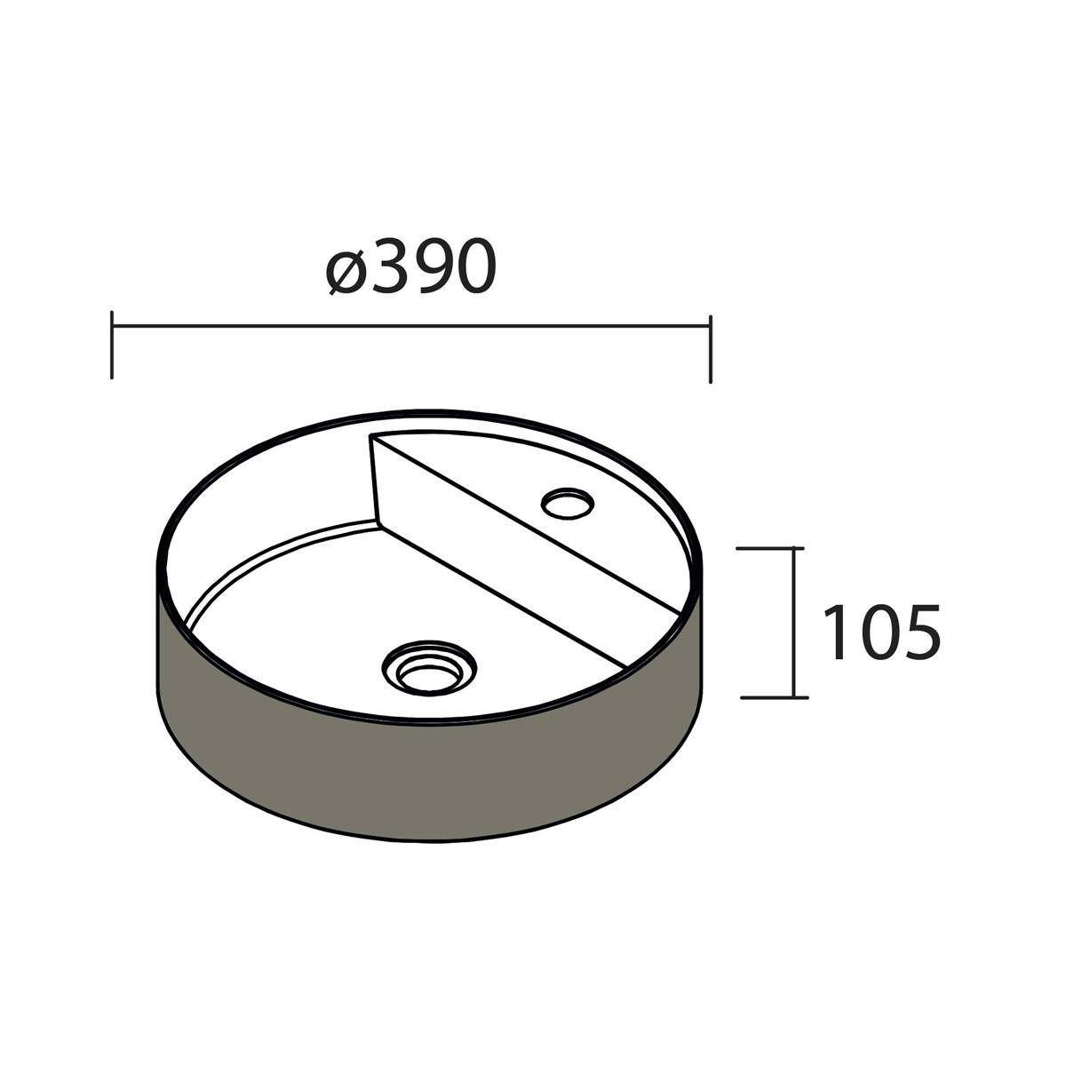 Technische Zeichnung eines runden Beckens oder einer Spüle mit einem Durchmesser von ø390 und einer Höhe von 105, mit zwei Ablöchern und einer trennenden Innenwand.