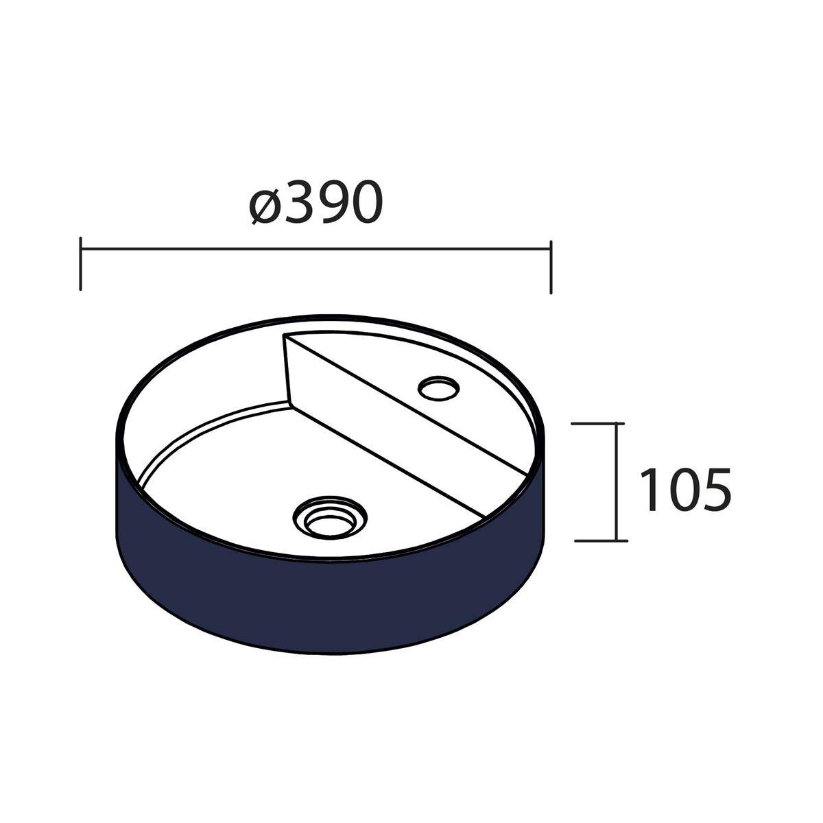 Technische Zeichnung eines runden Beckens oder Behälters mit einer Breite von 390 mm und einer Höhe von 105 mm, mit einer inneren Trennwand und zwei Öffnungen.