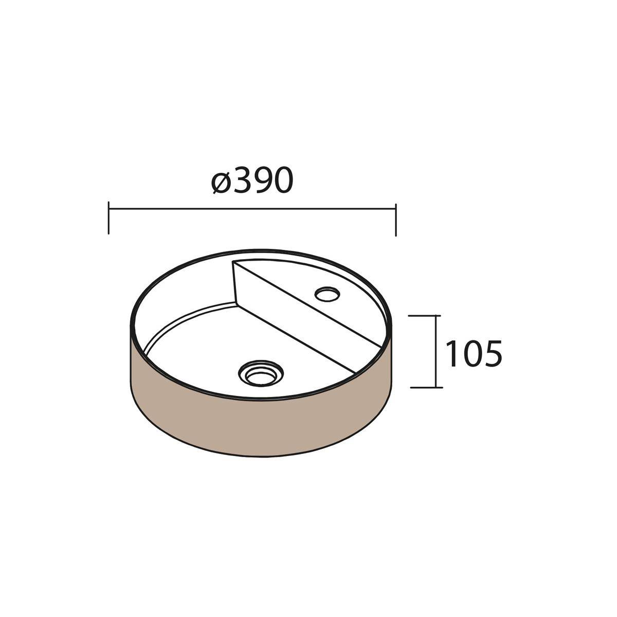 Technische Zeichnung eines runden Beckens oder Tabletts mit einem Durchmesser von 390 mm und einer Höhe von 105 mm, mit zwei internen Löchern und einer Trennwand.