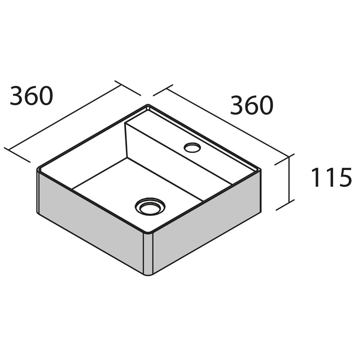 Isometrische technische Zeichnung eines quadratischen Beckens oder einer Schale, 360 mal 360 mal 115, mit zwei Ablauföffnungen im Inneren.