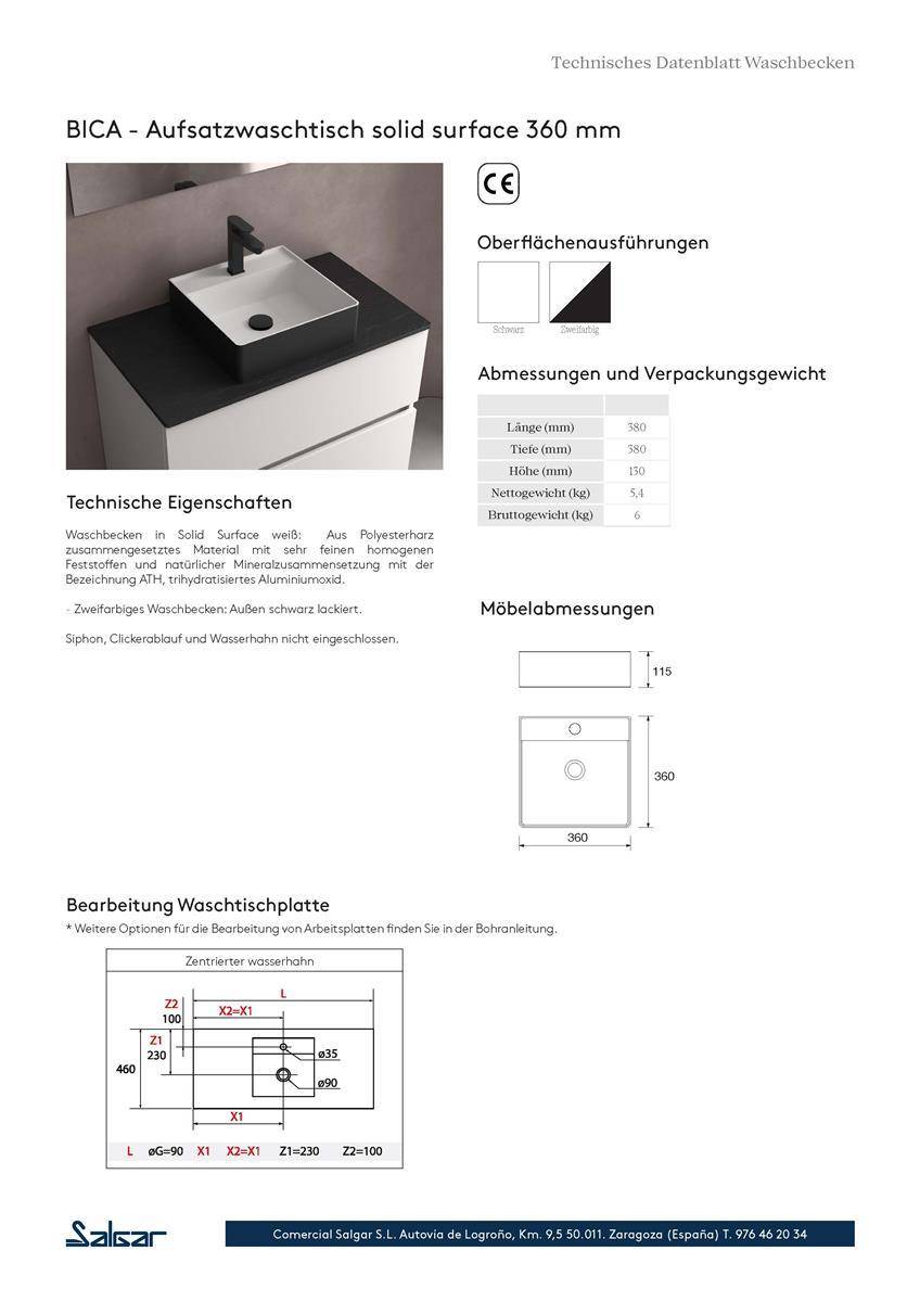 Aufsatzwaschtisch TALEA ohne Siphon und Clickerabfluss SOLID SURFACE Schwarz 360 x 115 x 360 mm