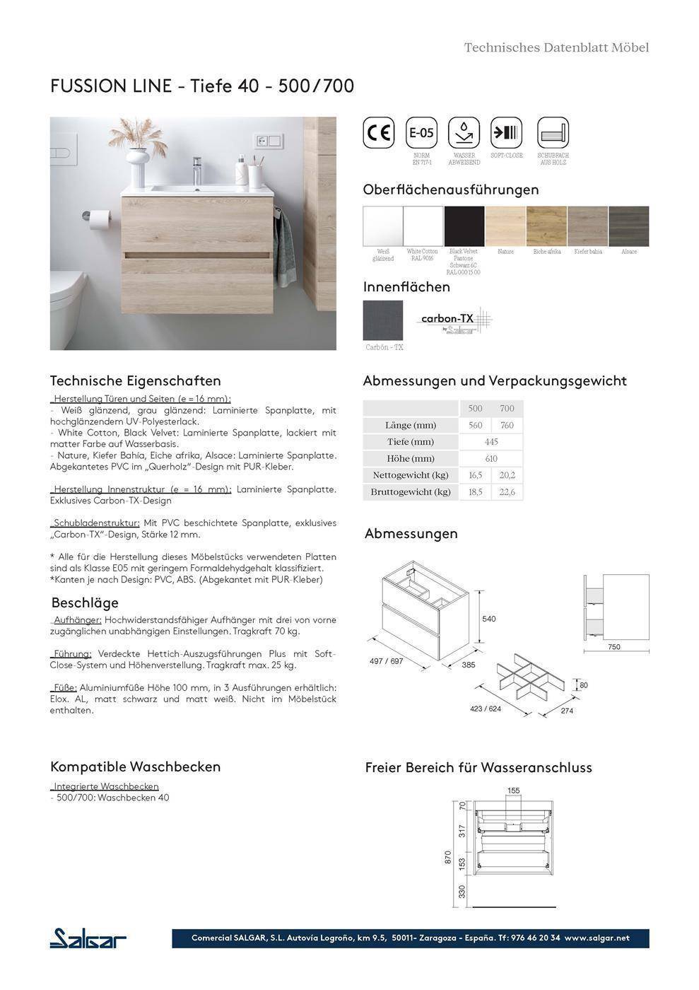 Schrank wandhängend FUSSION LINE 700 TIEFE 40 2 Schubladen mit Softeinzug WHITE COTTON 697 x 540 x 385 mm