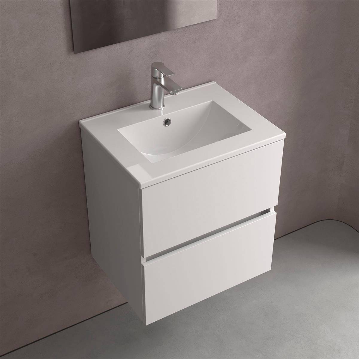 Modernes, weiß wandmontiertes Badezimmer-Waschtisch mit integriertem Waschbecken und Chromarmatur an einer grauen Wand.