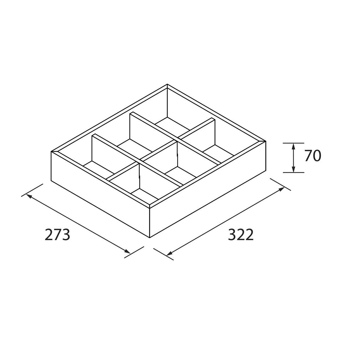 Isometrische technische Zeichnung eines rechteckigen Tabletts mit inneren Trennwänden, beschriftete Abmessungen 273 x 322 x 70.