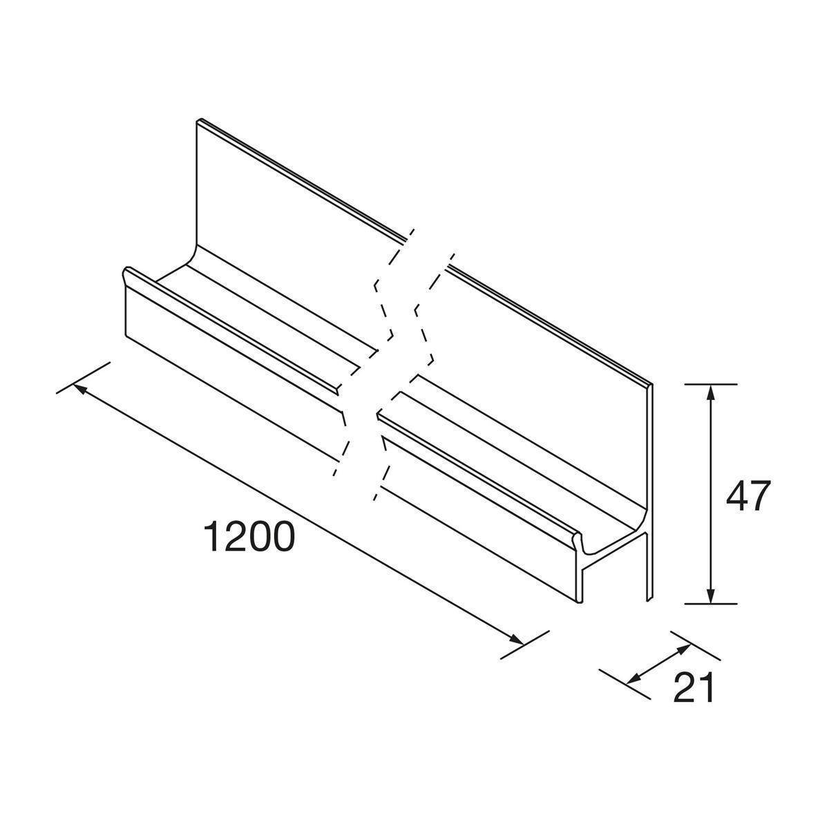 Technische Zeichnung einer Metallzierleiste/-profile, dargestellt in Perspektive mit den Abmessungen 1200 Länge, 47 Höhe und 21 Tiefe.