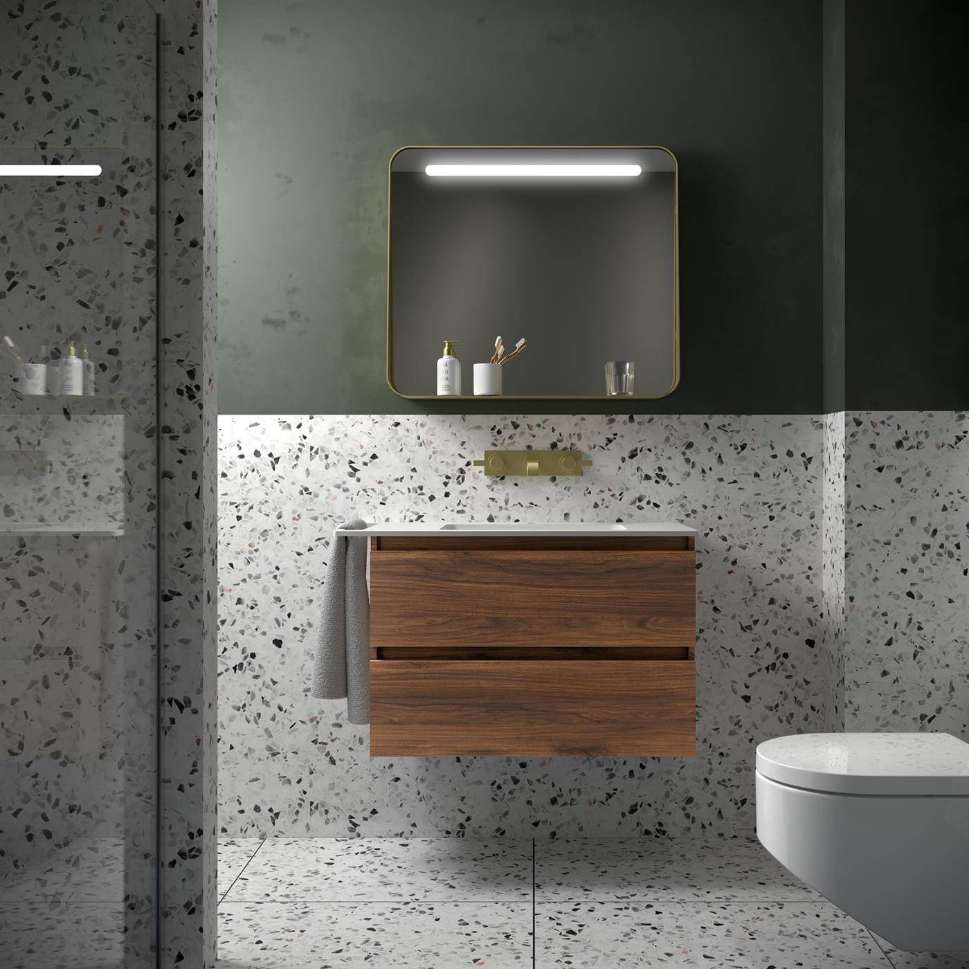 Modernes Badezimmer mit Terrazzo-Wänden und -Boden, schwebendem Holzwaschtisch, beleuchtetem Spiegel und wandhängendem Toilette.