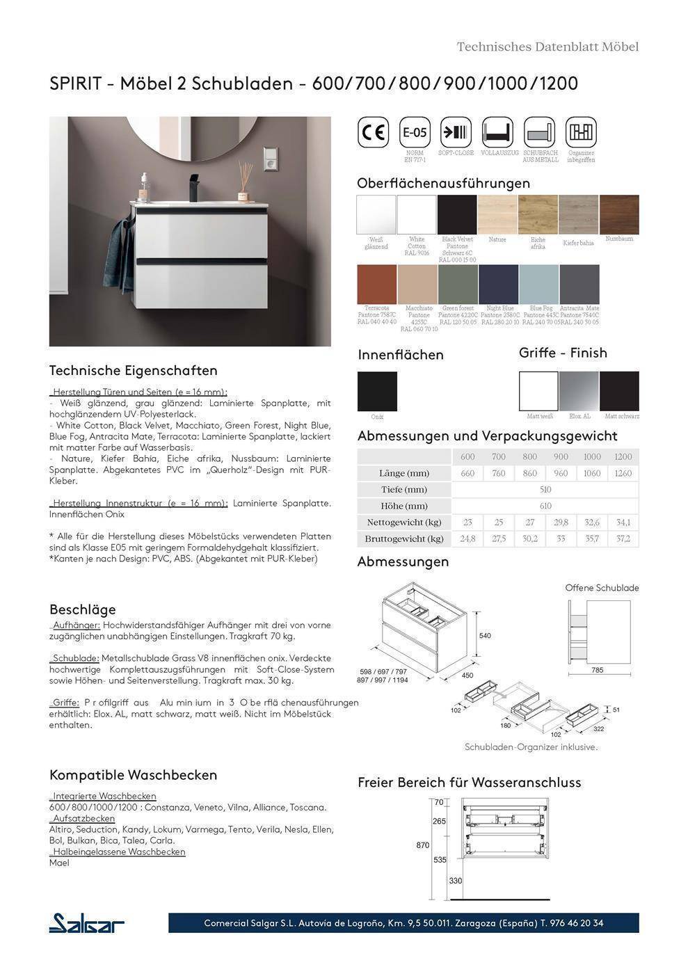 Technisches Datenblatt für SPIRIT Wandmontage-Badezimmerschrank mit 2 Schubladen, zeigt Produktfoto, Ausführungsoptionen, Abmessungen, technische Merkmale und Installationsdiagramme.