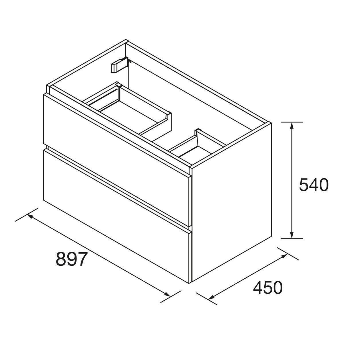 Linienzeichnung eines rechteckigen Schranks mit internen Fächern, beschriftete Abmessungen 897 breit, 450 tief und 540 hoch.