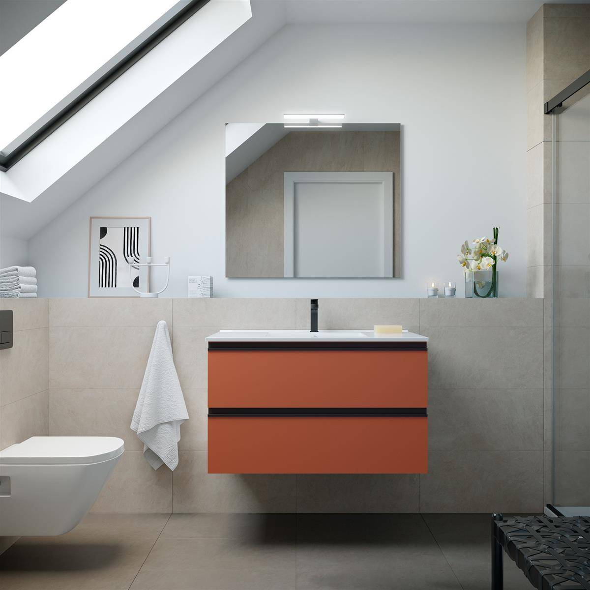 Modernes Badezimmer mit einem wandmontierten orangefarbenen Waschtisch und Spiegel unter einem Dachfenster, plus Toilette, Handtuch und Glasduschtrennwand.