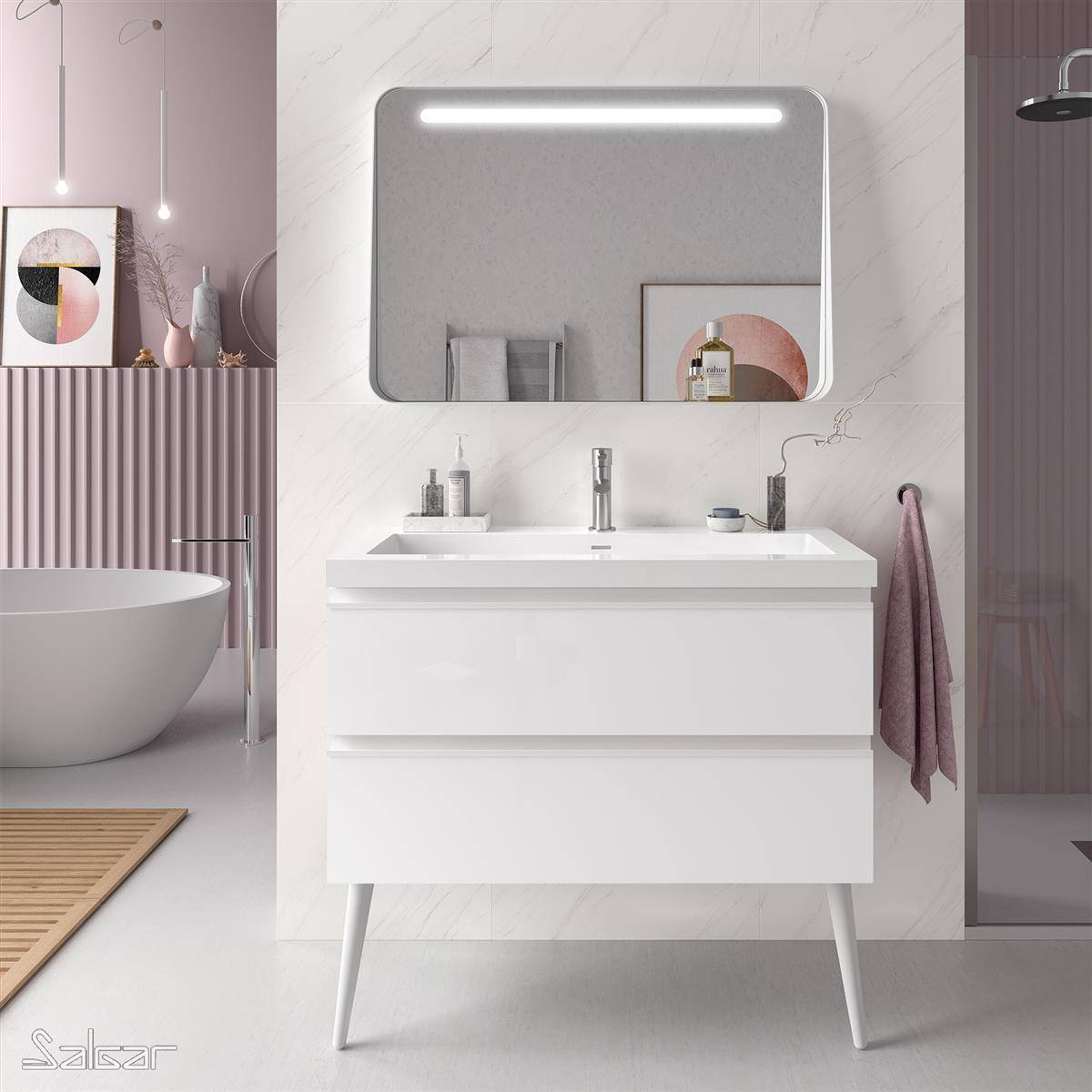 Modernes Badezimmer mit weißem Waschtisch, beleuchtetem Spiegel, Marmorwand, freistehender Badewanne und rosa Akzenten in einem minimalistischen Interieur.