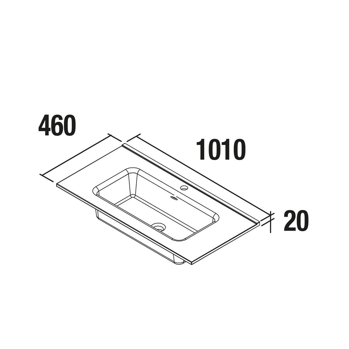 Technische Zeichnung eines rechteckigen Spülbeckens oder Beckens, beschriftet mit 1010 x 460 und 20 Tiefe, dargestellt in Perspektivansicht.