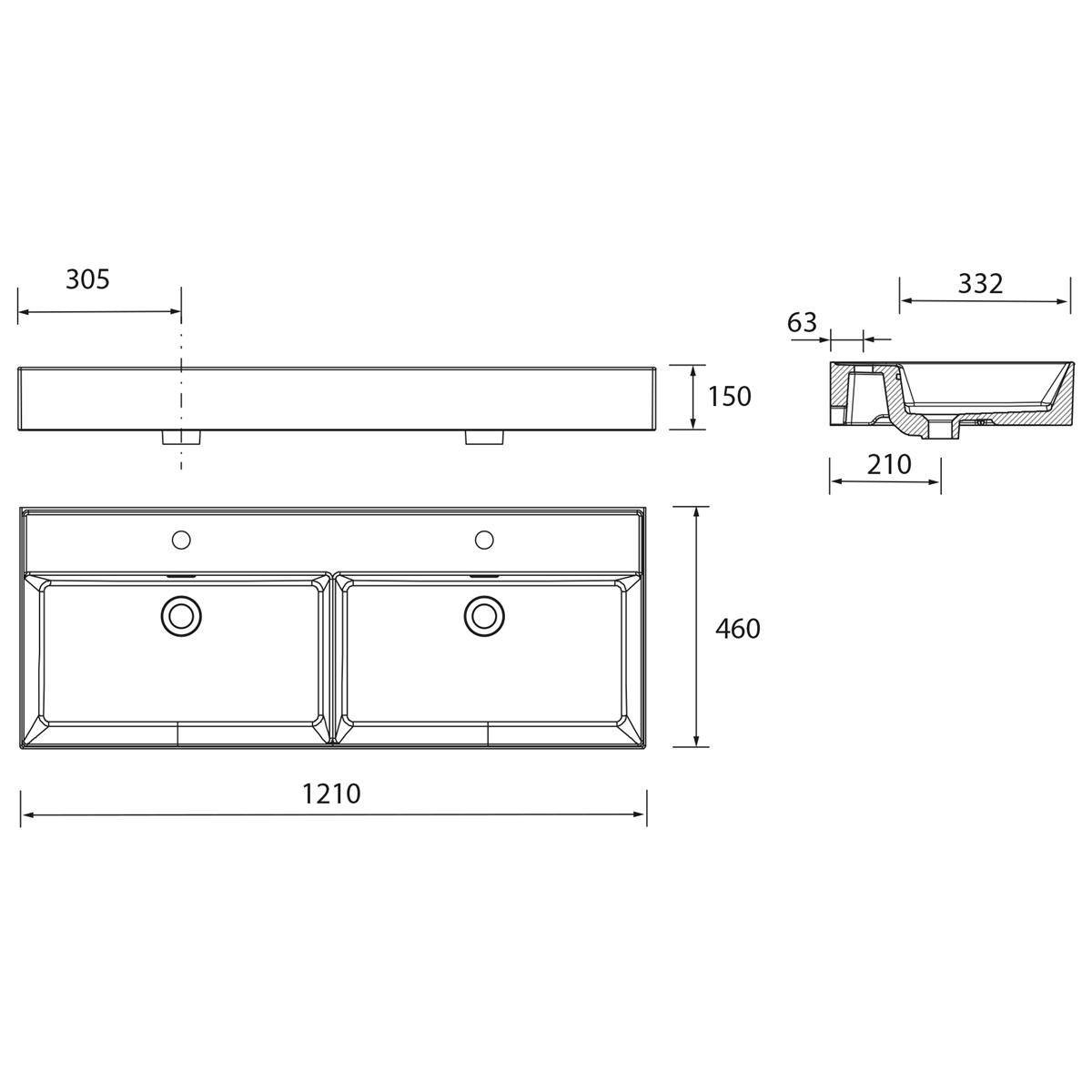 Technische Zeichnung eines Doppelspülbeckens mit Abmessungen: 1210 mm breit, 460 mm tief, 150 mm hoch und Seitenprofilmessungen von 332 mm, 210 mm und 63 mm.