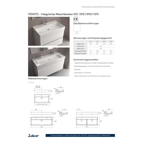 Salgar Waschtisch VENETO 1010 mit vertiefter Ablage Porzellan weiß ohne Siphon und Clickerabfluss 1010 x 120 x 460 mm Salgar Waschtisch VENETO 1010 mit vertiefter Ablage Porzellan weiß ohne Siphon und Clickerabfluss 1010 x 120 x 460 mm