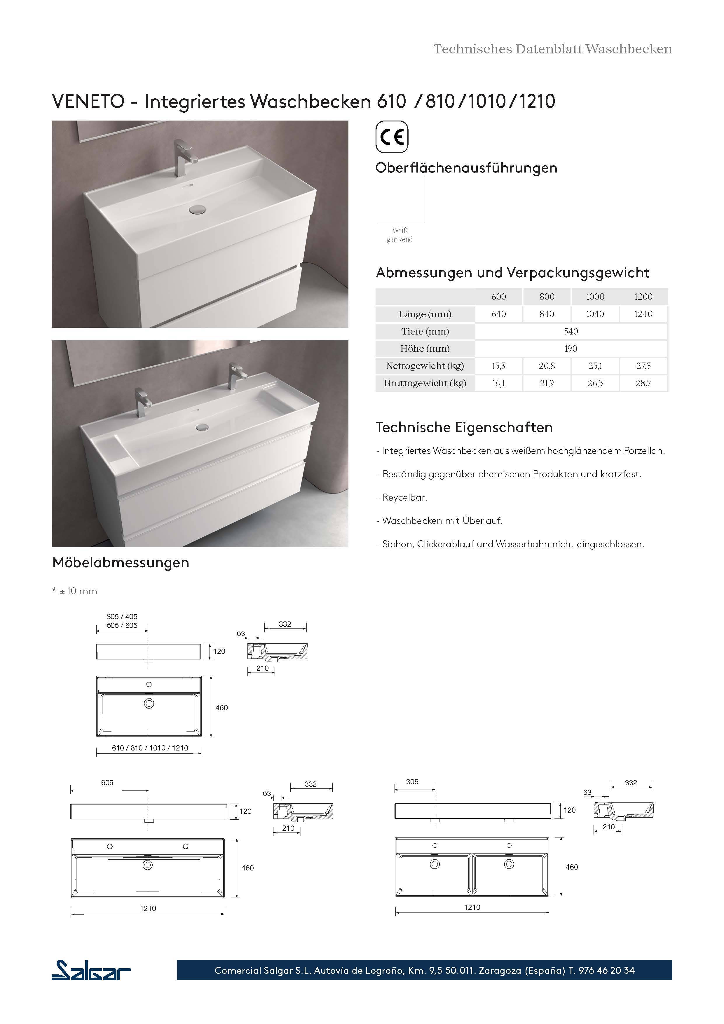Waschtisch VENETO 1210 PORZELLAN WEIß ohne Siphon und Clickerabfluss ohne bohrungen 1210 x 120 x 460 mm