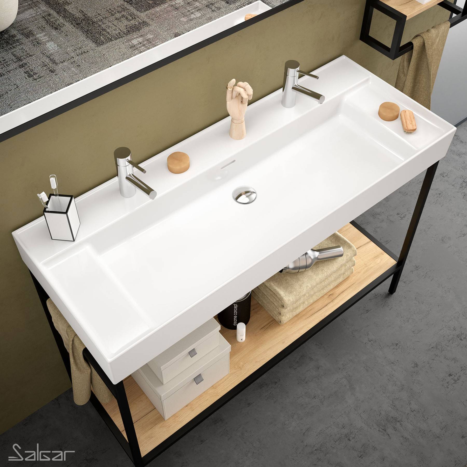 Waschtisch VENETO 1210 mit vertiefter Ablage Porzellan weiß Mit 2 Bohrungen ohne Siphon und Clickerabfluss 1210 x 120 x 460 mm