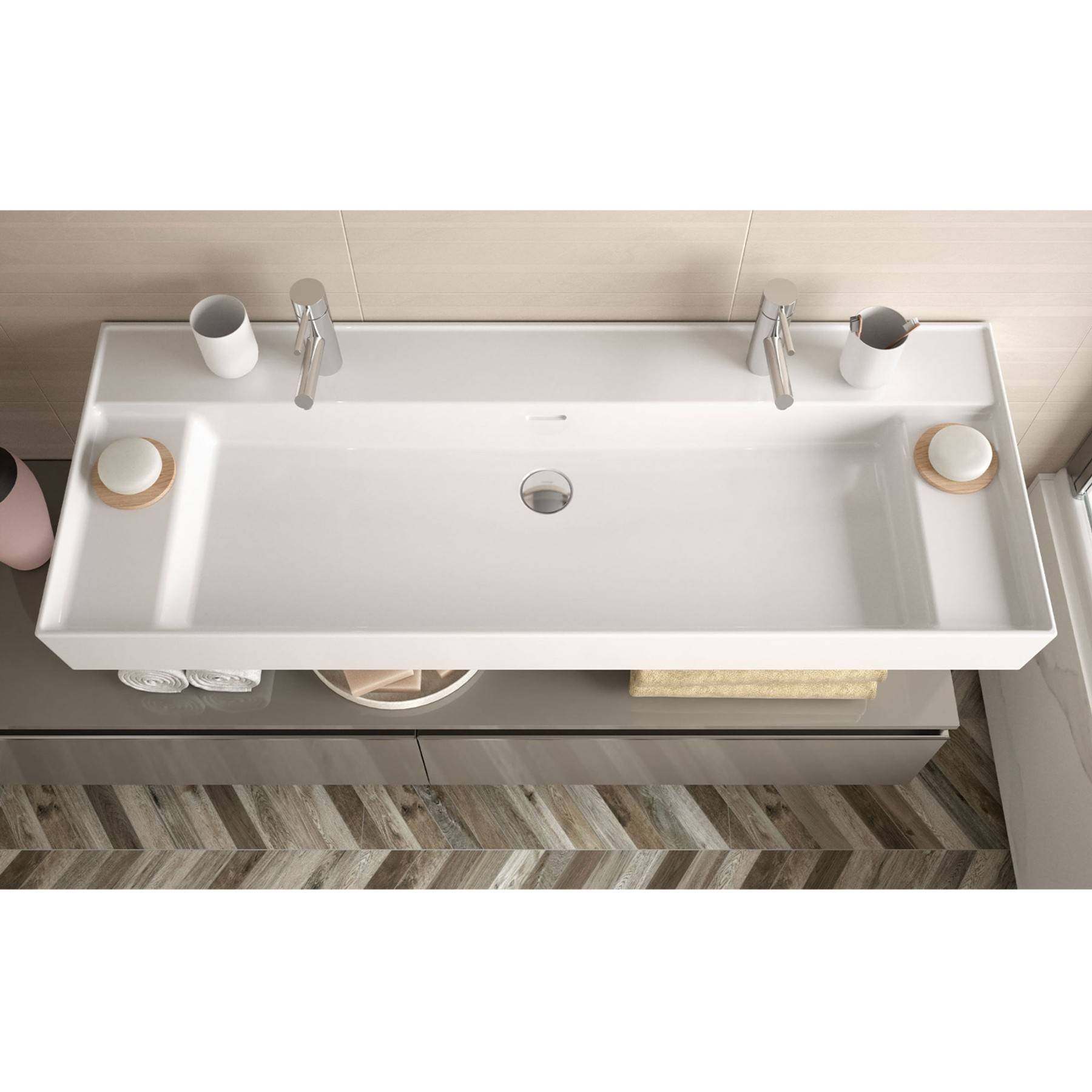 Salgar Waschtisch VENETO 1210 mit vertiefter Ablage Porzellan weiß Mit 2 Bohrungen ohne Siphon und Clickerabfluss 1210 x 120 x 460 mm