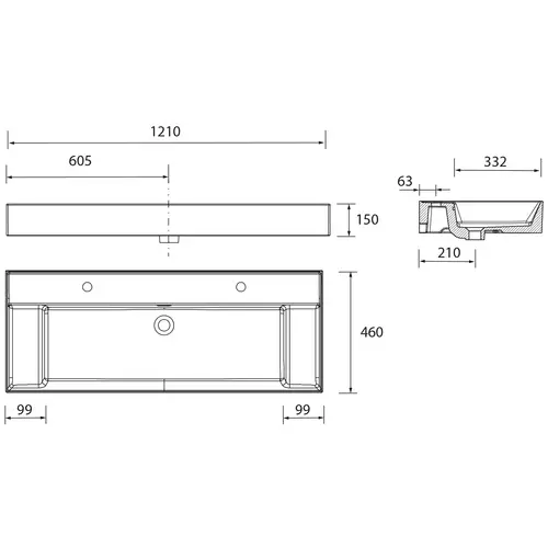 Salgar Waschtisch VENETO 1210 mit vertiefter Ablage Porzellan weiß Mit 2 Bohrungen ohne Siphon und Clickerabfluss 1210 x 120 x 460 mm Salgar Waschtisch VENETO 1210 mit vertiefter Ablage Porzellan weiß Mit 2 Bohrungen ohne Siphon und Clickerabfluss 1210 x 120 x 460 mm