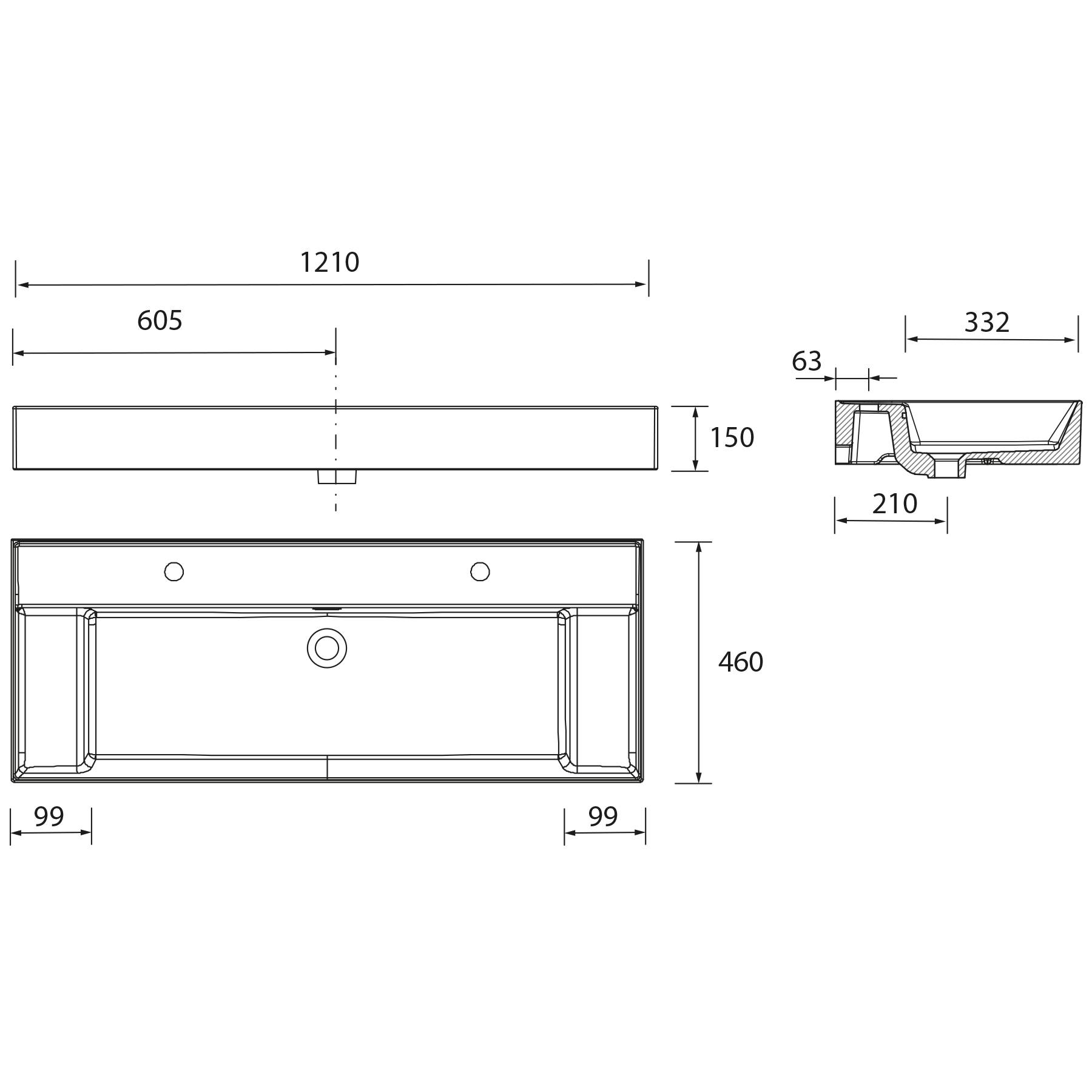 Waschtisch VENETO 1210 mit vertiefter Ablage Porzellan weiß Mit 2 Bohrungen ohne Siphon und Clickerabfluss 1210 x 120 x 460 mm