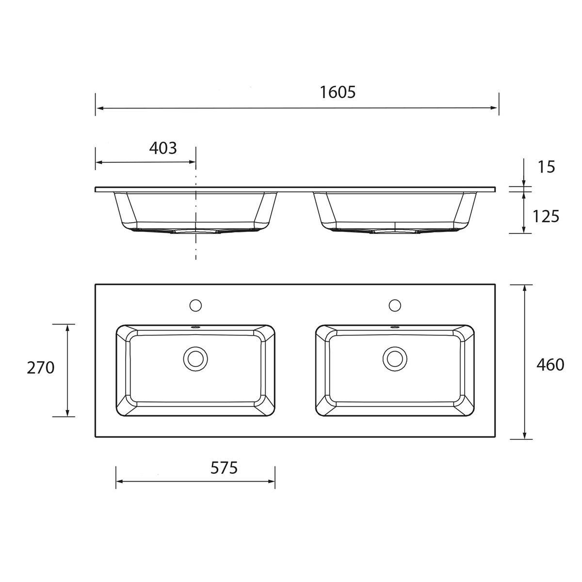 Technische Zeichnung eines Doppelspülbeckens mit Abmessungen: 1605 mm breit, 460 mm tief, 125 mm hoch, Beckengröße 575 x 270 mm und Abstand von 403 mm.
