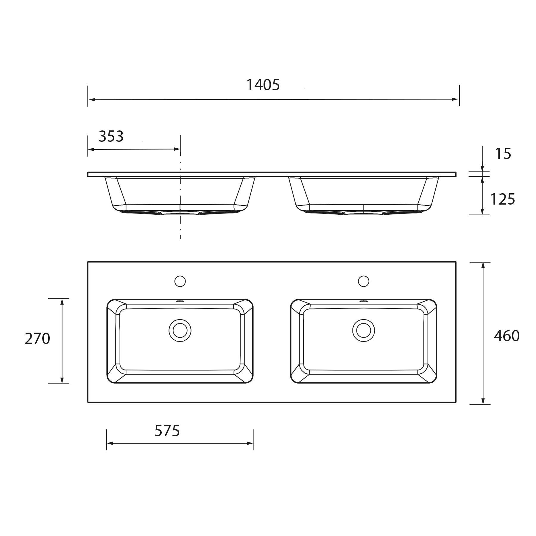 Waschtisch VILNA 1405 doppelt ohne Siphon und Clickerabfluss MINERALSOLID MATT 1405 x 460 x 15 mm