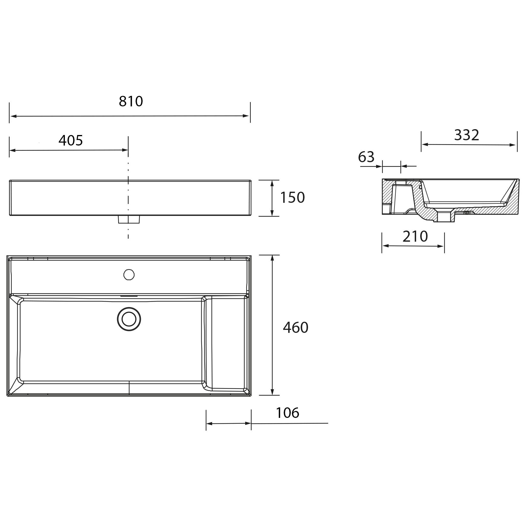 Waschtisch VENETO 810 mit vertiefter Ablage Porzellan weiß ohne Siphon und Clickerabfluss 810 x 120 x 460 mm