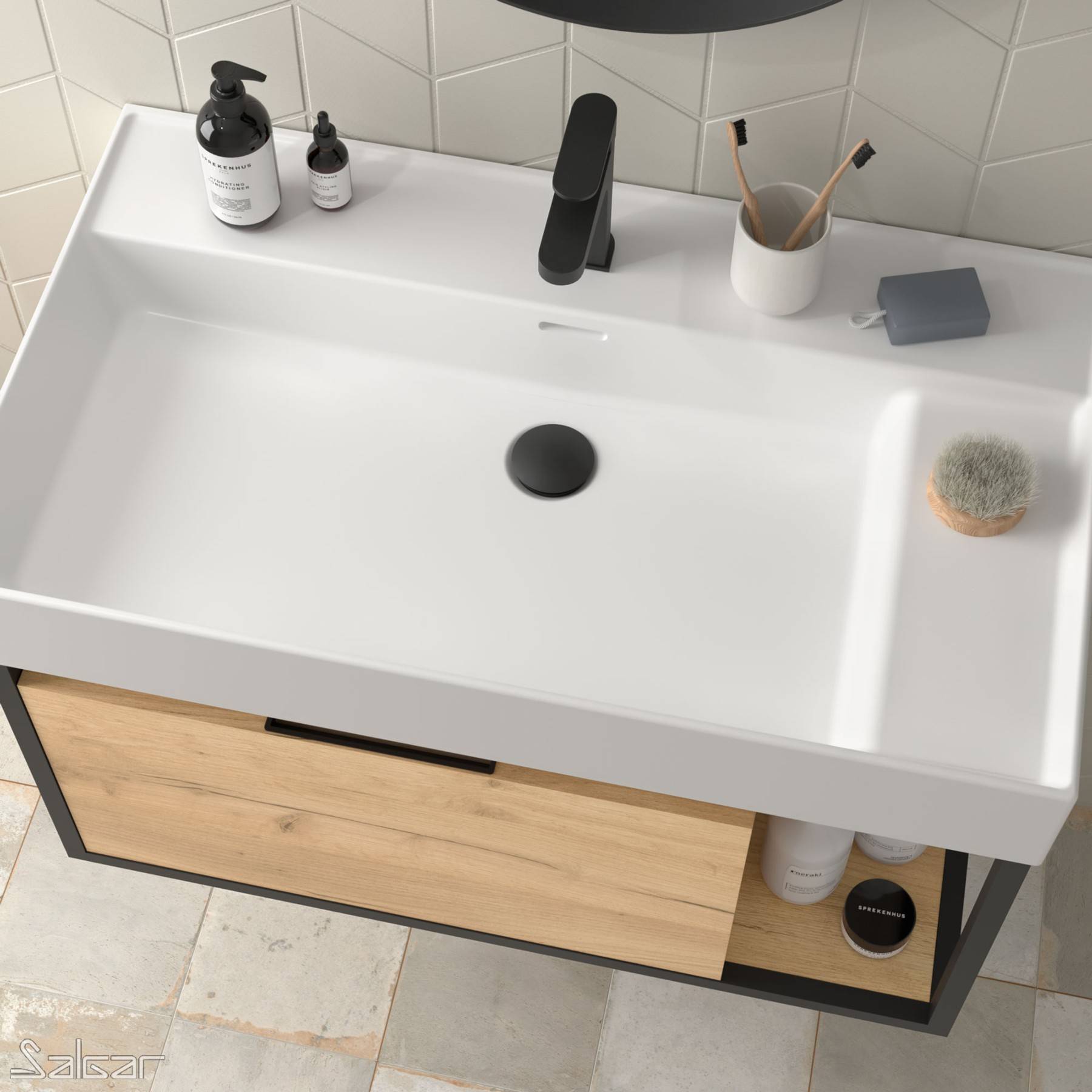 Salgar Waschtisch VENETO 810 mit vertiefter Ablage Porzellan weiß ohne Siphon und Clickerabfluss 810 x 120 x 460 mm