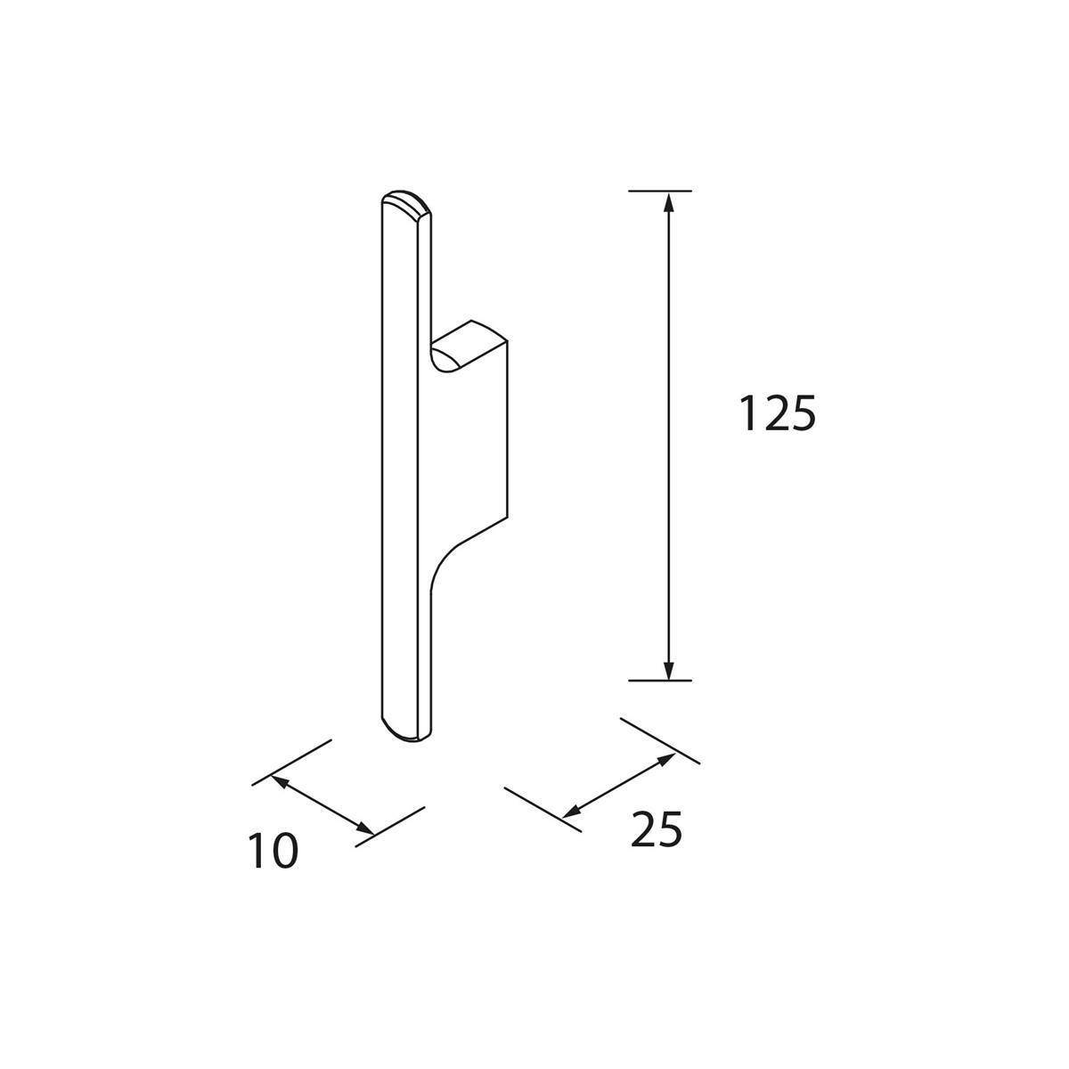 Isometrische technische Zeichnung eines schmalen wandmontieren Teils mit den Abmessungen 125 hoch, 10 breit und 25 tief.