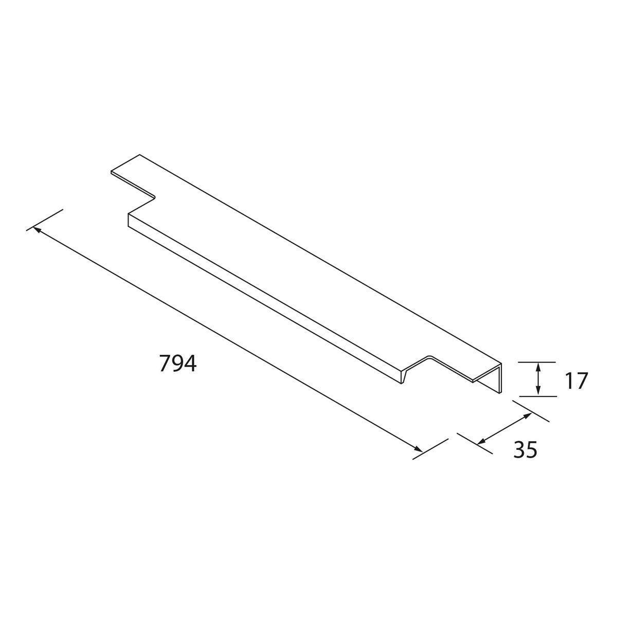 Technische Zeichnung eines langen, schmalen gestuften Metallteils, dimensioniert 794 mm lang, 35 mm breit und 17 mm hoch.