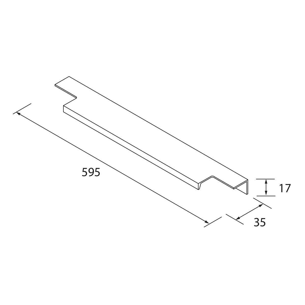 Technische Zeichnung eines langen Metallzierleistenprofils mit den Abmessungen 595 Länge, 35 Breite und 17 Höhe.
