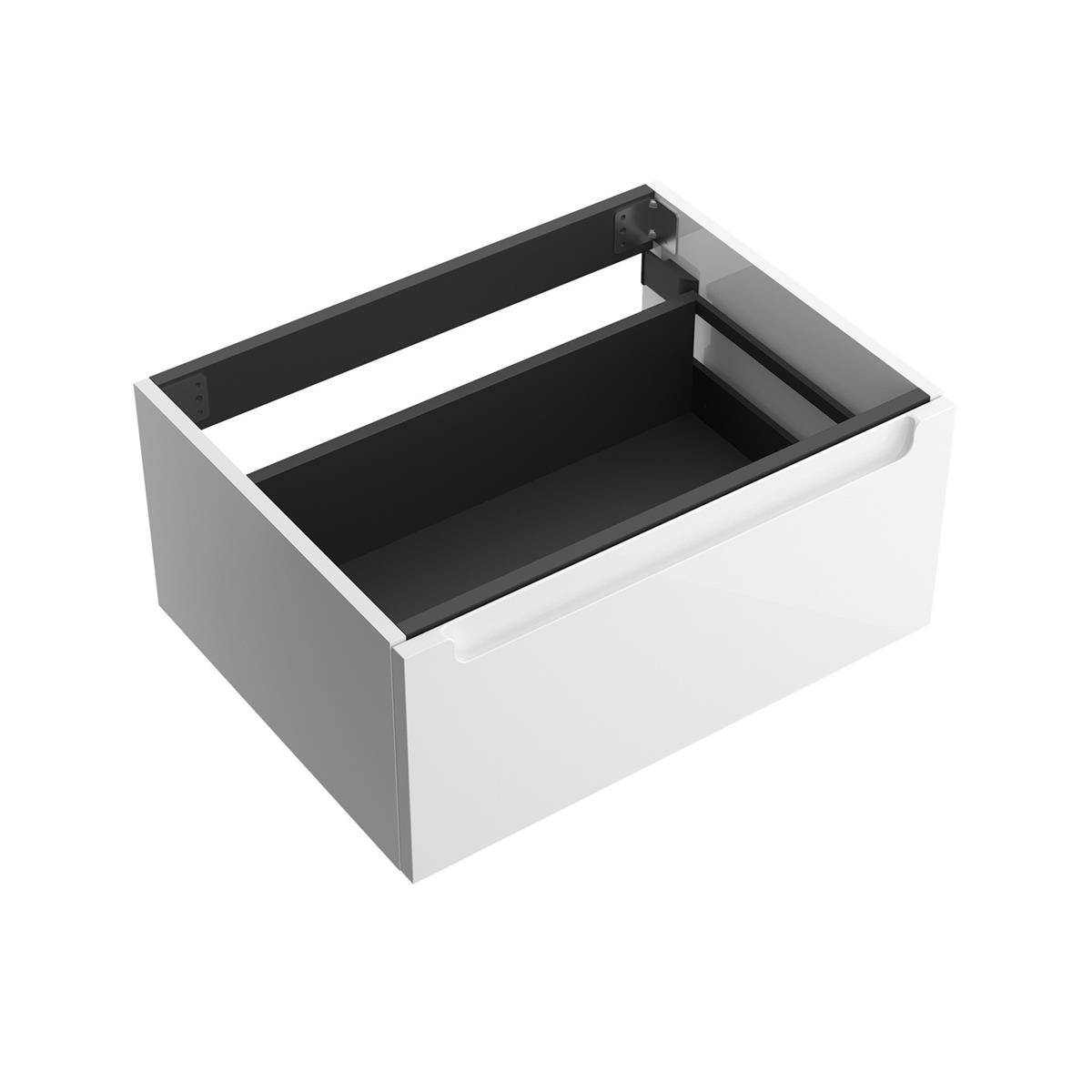 Ein offener weißer Schubladen-Schrank mit dunkelem Innenraum, gezeigt in einer sauberen Produktansicht auf weißem Hintergrund.