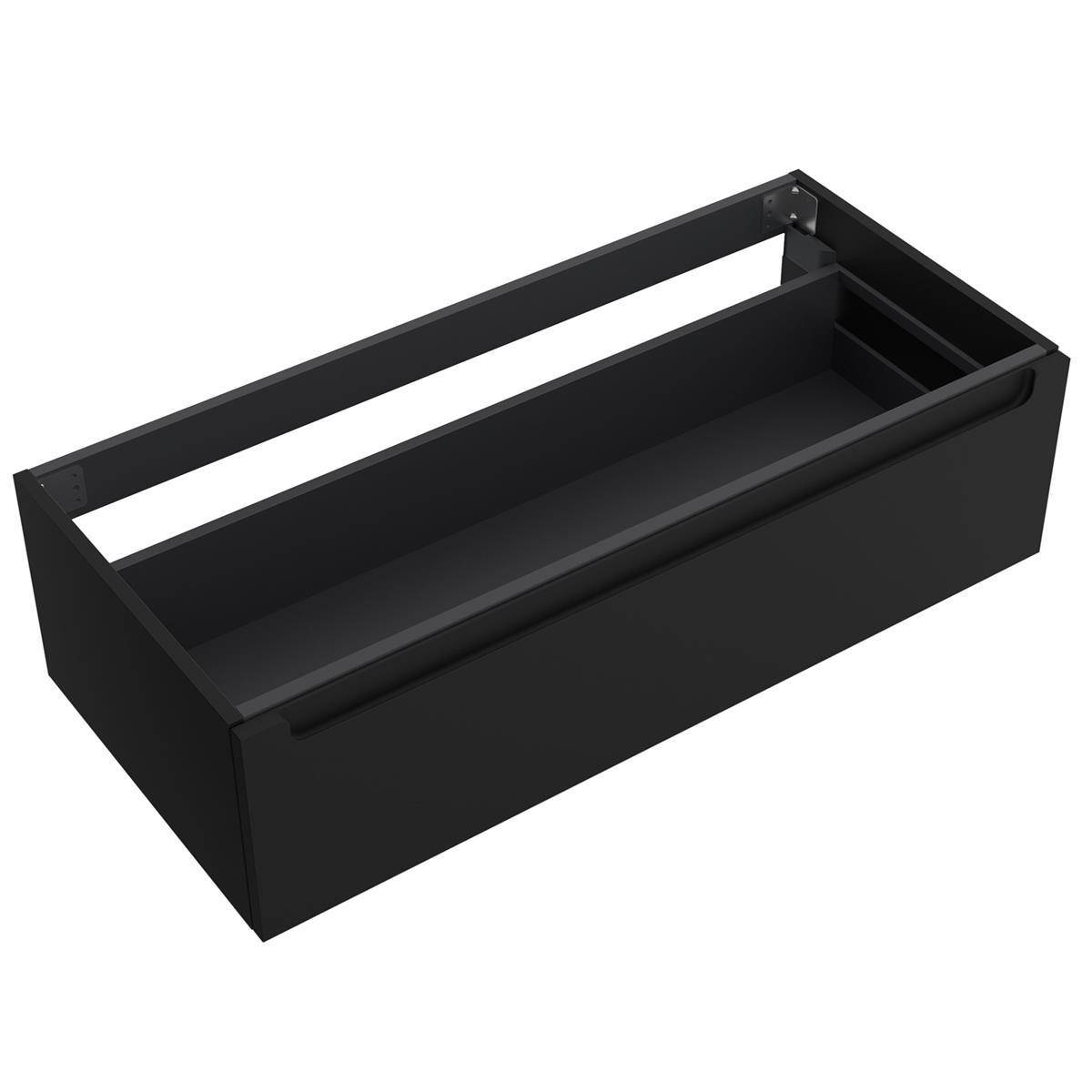 Schwarze rechteckige Metallschublade oder Aufbewahrungsbox, geöffnet in perspektivischer Ansicht auf weißem Hintergrund dargestellt.