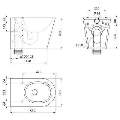 Delabie WC S21 P raccordement au sol, arrivée arrière acier inoxydable 1.4301 satiné