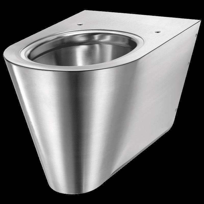 Wandmontiertes Edelstahl-Urinal mit rundem Becken, dargestellt vor schwarzem Hintergrund.
