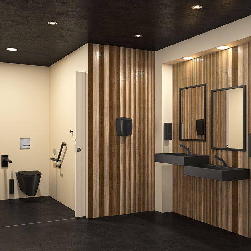Modernes barrierefreies Badezimmer mit Toilettenkabine, Waschtischplatte, Spiegeln und Haltegriffen an einer holzvertäfelten Wand mit schwarzem Boden und Deckenleuchten.