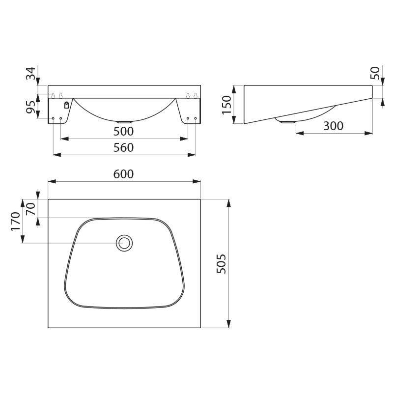 Delabie WT TRAPEZ ohne Hahnloch ohne Überlauf Edst. 1.4301 satiniert