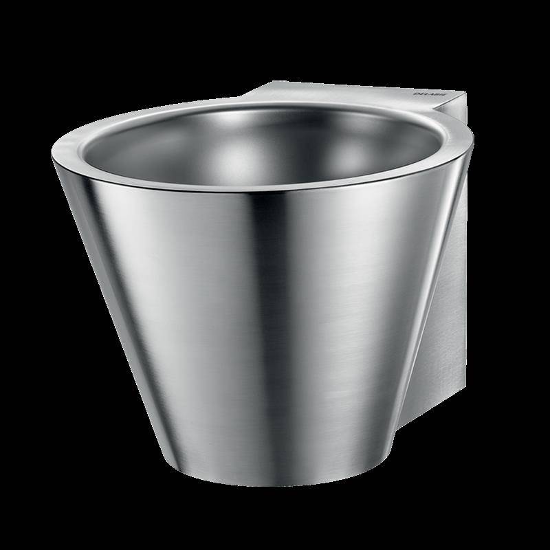 Wandmontiertes, trichterförmiges Waschbecken aus Edelstahl mit kreisförmiger Öffnung und gebürsteter Metalloberfläche.