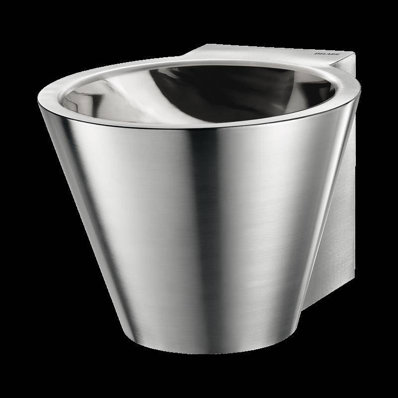 Wandleuchte aus Edelstahl in Kegelform mit offener Oberseite und gebürstetem Metalloberfläche.