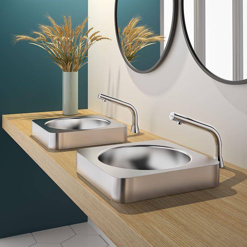 Modernes Badezimmermöbel mit zwei Edelstahl-Aufsatzwaschbecken, wandmontierten Armaturen, einer Vase mit Trockengrasdekoration und runden Spiegeln über einer Holzarbeitsplatte.