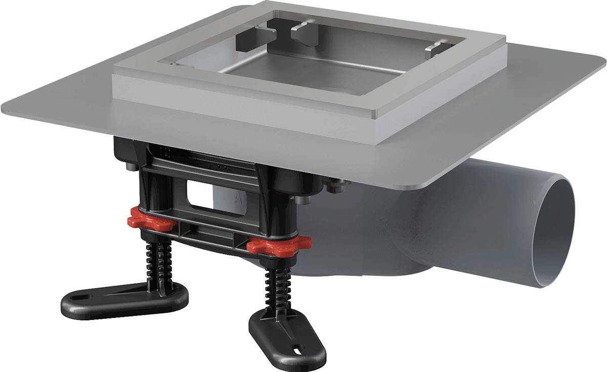 AlcaDrain Bodenablauf aus Edelstahl flach 130×130 mm mit einem waagrechten Abgang, ohne Rost, Kombi-Geruchsverschluss SMART