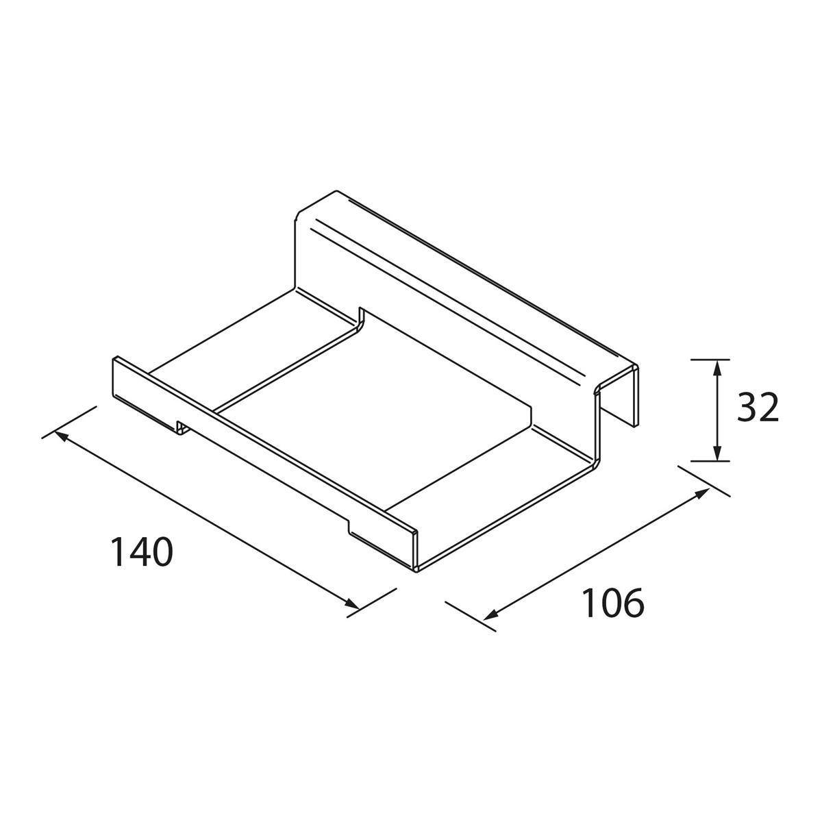 Technische Strichzeichnung einer tabletähnlichen Metallhalterung mit den Abmessungen 140, 106 und 32 in Millimetern gekennzeichnet.