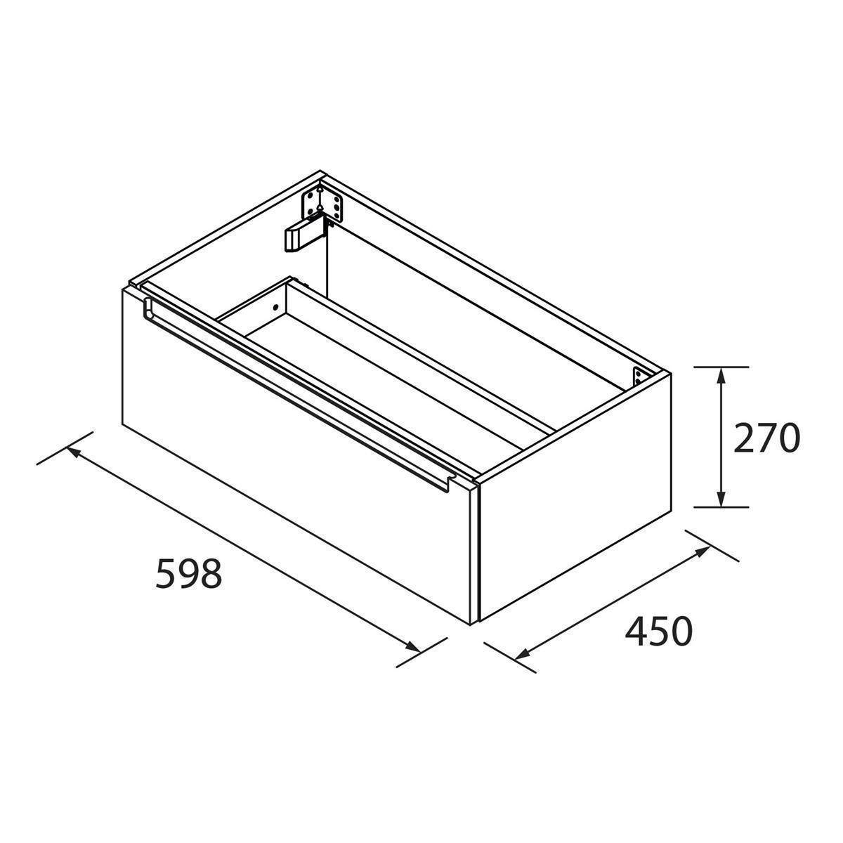 Maßstabgerechte Zeichnung einer rechteckigen Schubladenbox mit den Abmessungen 598 mm Länge, 450 mm Breite und 270 mm Höhe.