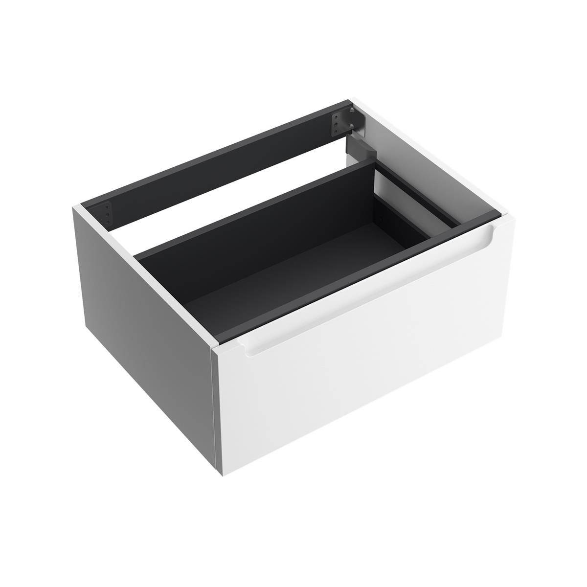 Weiße und graue Schubladenbox mit schwarzem Innenraum, offen auf weißem Hintergrund dargestellt.