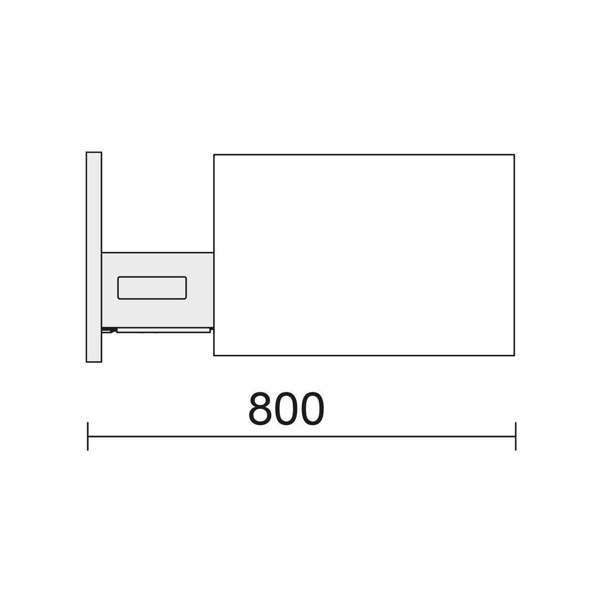 Seitenansicht eines Diagramms eines an der Wand befestigten rechteckigen Objekts, das sich 800 Einheiten von der Wand aus erstreckt.