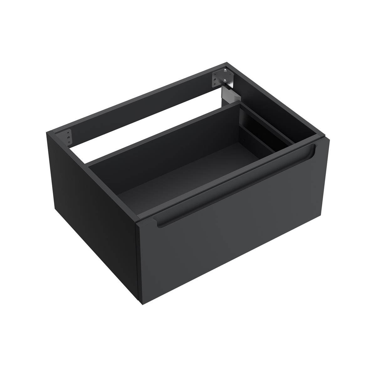 Schwarze Metallschublade oder ausziehbare Aufbewahrungsbox, geöffnet im schrägen Winkel auf weißem Hintergrund dargestellt.