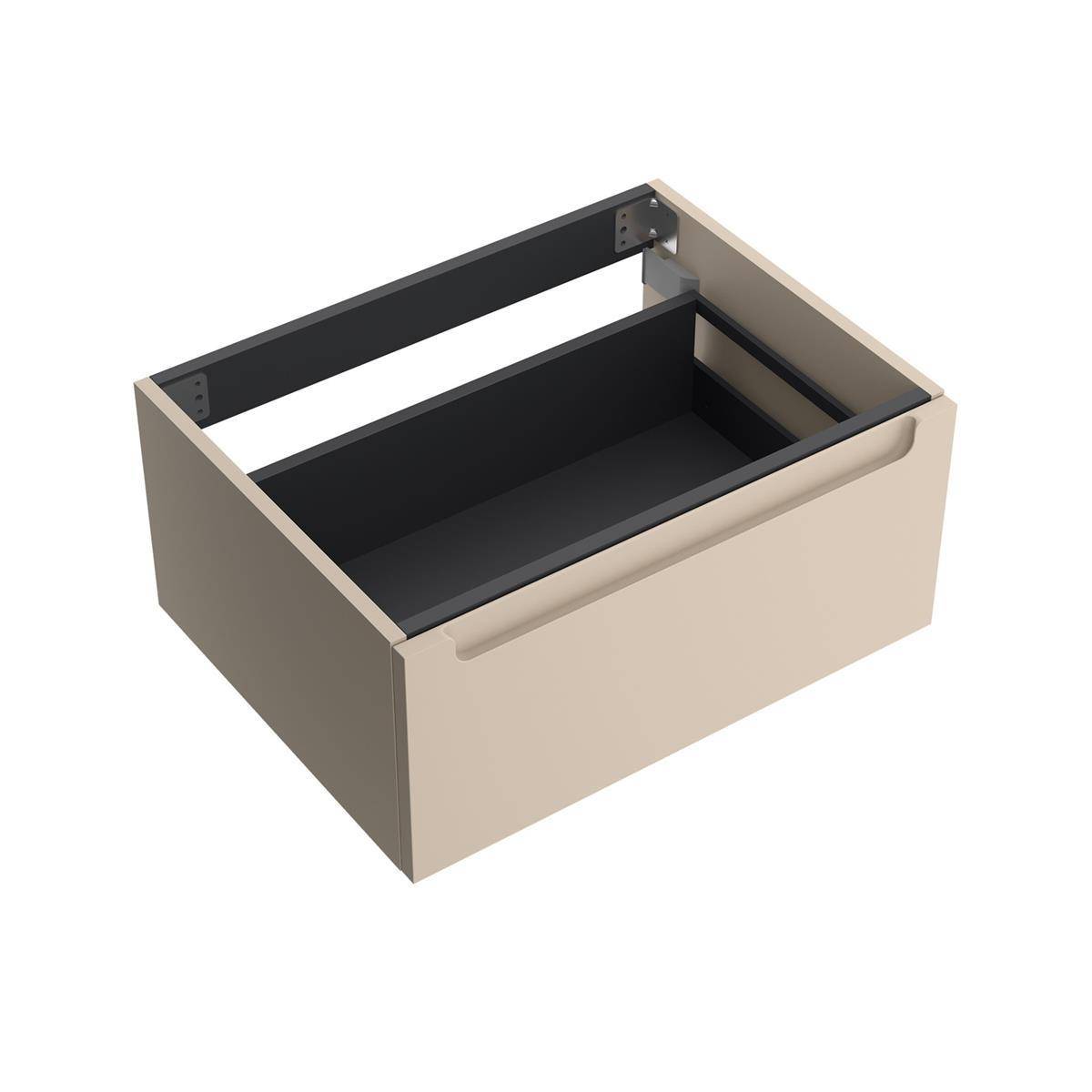 Offene beige Schubladenbox mit schwarzem Innenraum und Metallschienen, leer auf weißem Hintergrund dargestellt.