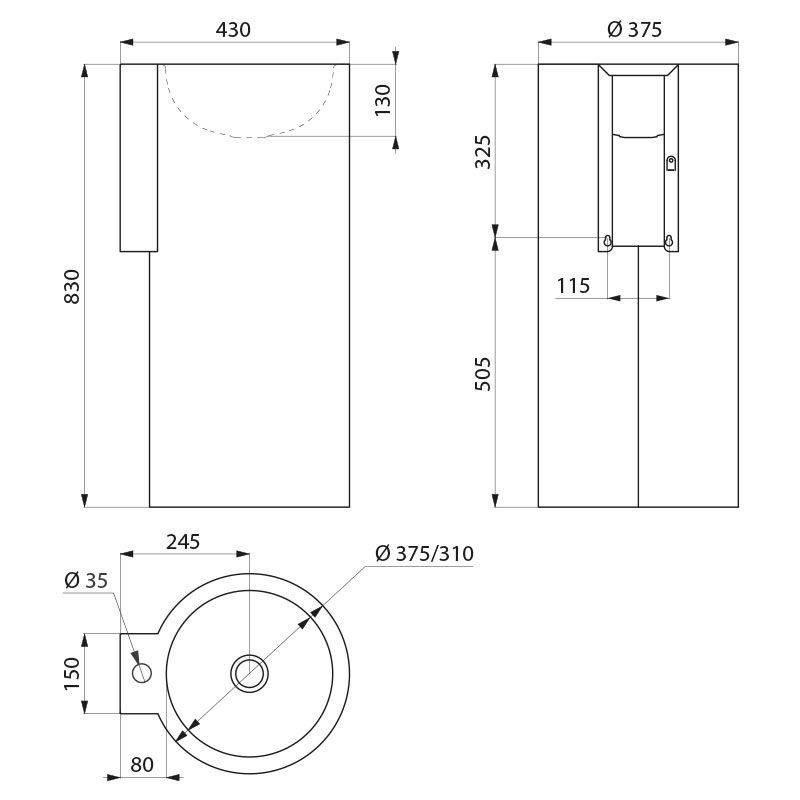 Delabie WT REDO-T Hahnloch D35 mittig o. Überlauf Edst. 1.4301 sat.