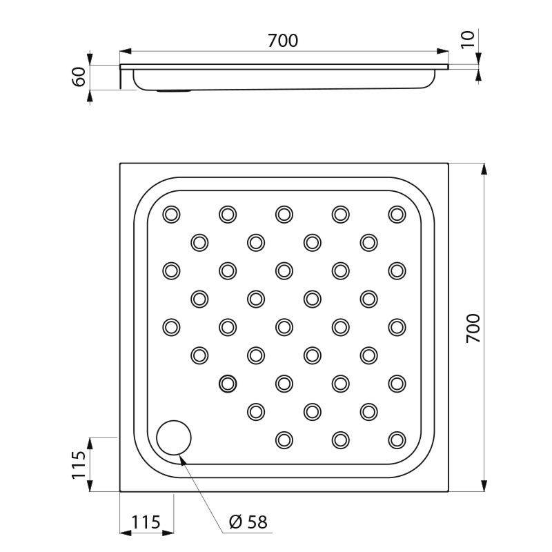 Delabie Brausetasse 700x700 Höhe 60 mm Edelstahl 1.4301 satiniert