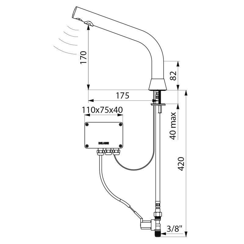 Delabie Waschtisch-Ventil BINOPTIC G3/8B matt schwarz H.170 230/12 V